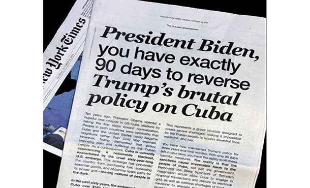 Carta a Biden en The New York Times exige revertir brutal política hacia Cuba Carta a Biden en The New York Times exige revertir brutal política hacia Cuba