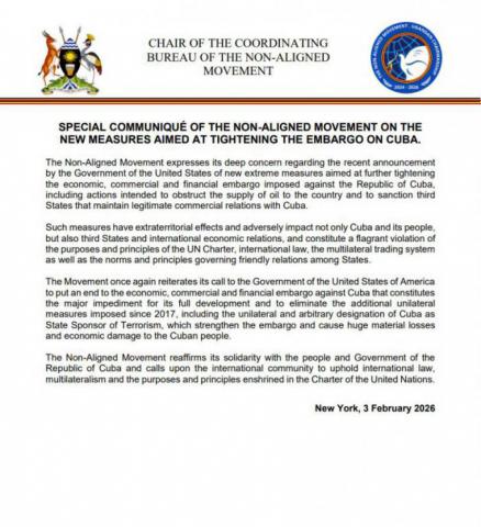 MNOAL exige fin del bloqueo a Cuba y condena nuevas sanciones de EE.UU.